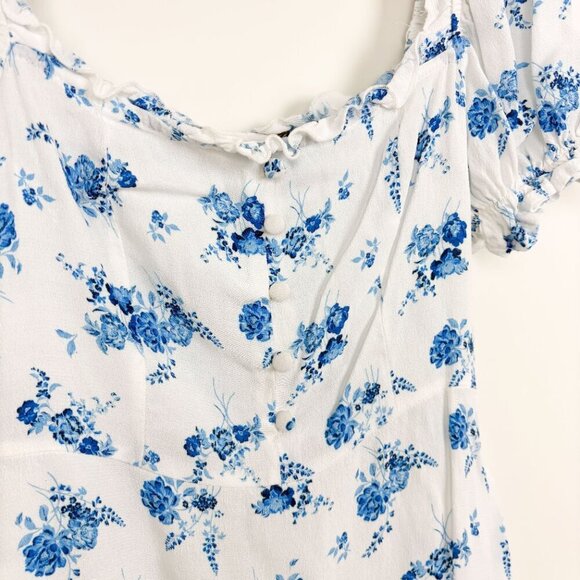 ZARA Womens Blue Floral Mini Sun Dress White Small Porcelain Short Sleeve - Picture 3 of 6